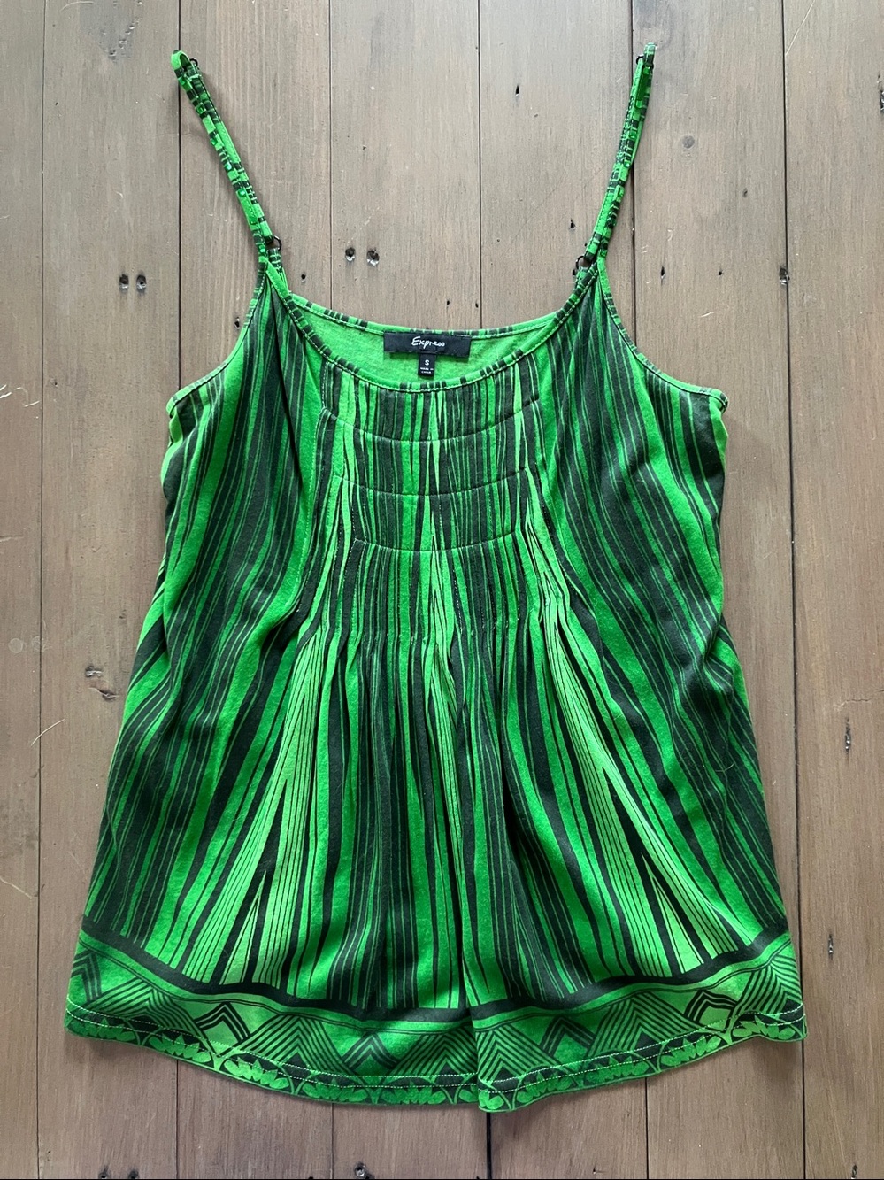 Express Emerald Green & Black Vertical Stripe Pleated Tank